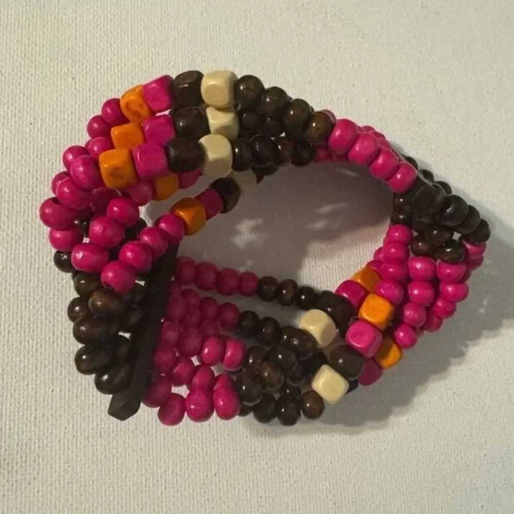 Vintage Y2K Womens Chunky Pink Brown Layered Beaded Cuff Bracelet Boho Western